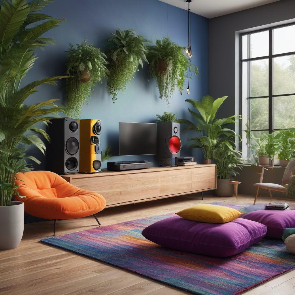A vibrant audio setup featuring sleek Kjaerhus Audio gear in a modern living space, surrounded by colorful sound waves radiating joy and energy. Include a person with headphones immersed in music, exuding happiness. Lush plants and cozy pillows enhance the inviting atmosphere. super-realistic. vibrant colors. 3D.