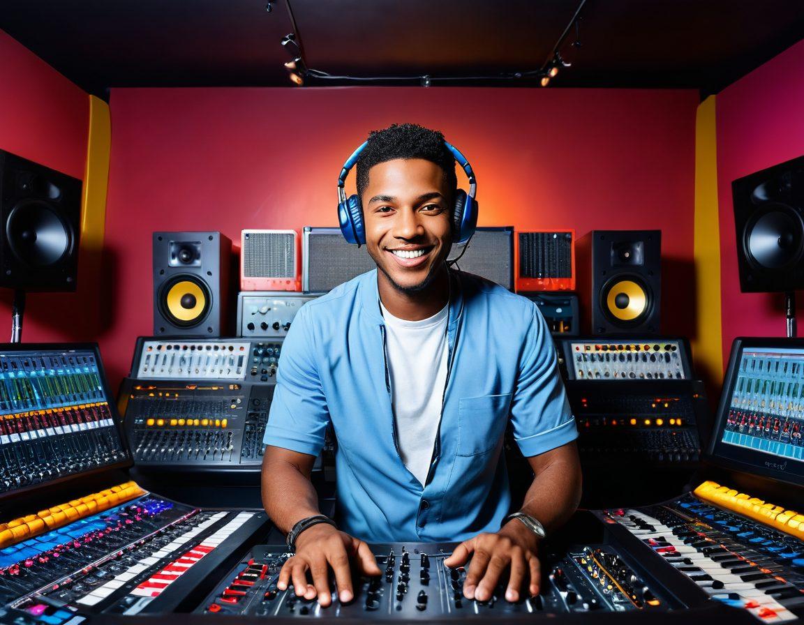 A vibrant, modern music production studio filled with exceptional audio equipment, showcasing gleaming sound mixers, colorful cables, and high-end speakers. Include a joyful music producer in the center, wearing headphones and smiling, surrounded by musical notes floating in the air. The environment should feel energetic and inspiring, with warm lighting illuminating the setup. super-realistic. vibrant colors.