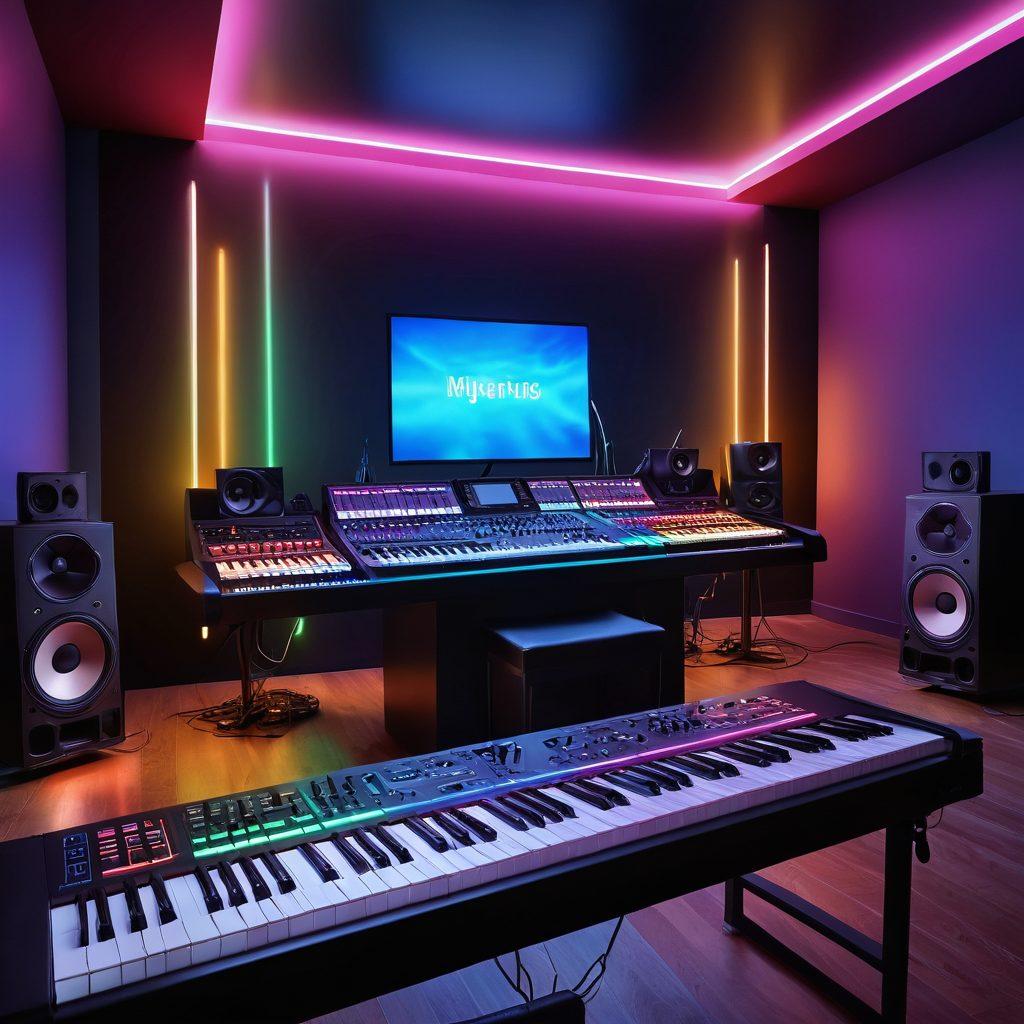 A vibrant and modern music studio showcasing Kjaerhus Sound Technology in action, with sleek audio equipment, colorful soundwaves emanating from a digital mixer, and musicians passionately creating music. The atmosphere should feel dynamic and inviting, illuminated by soft neon lights reflecting the joy of sound creation. super-realistic. vibrant colors. 3D.